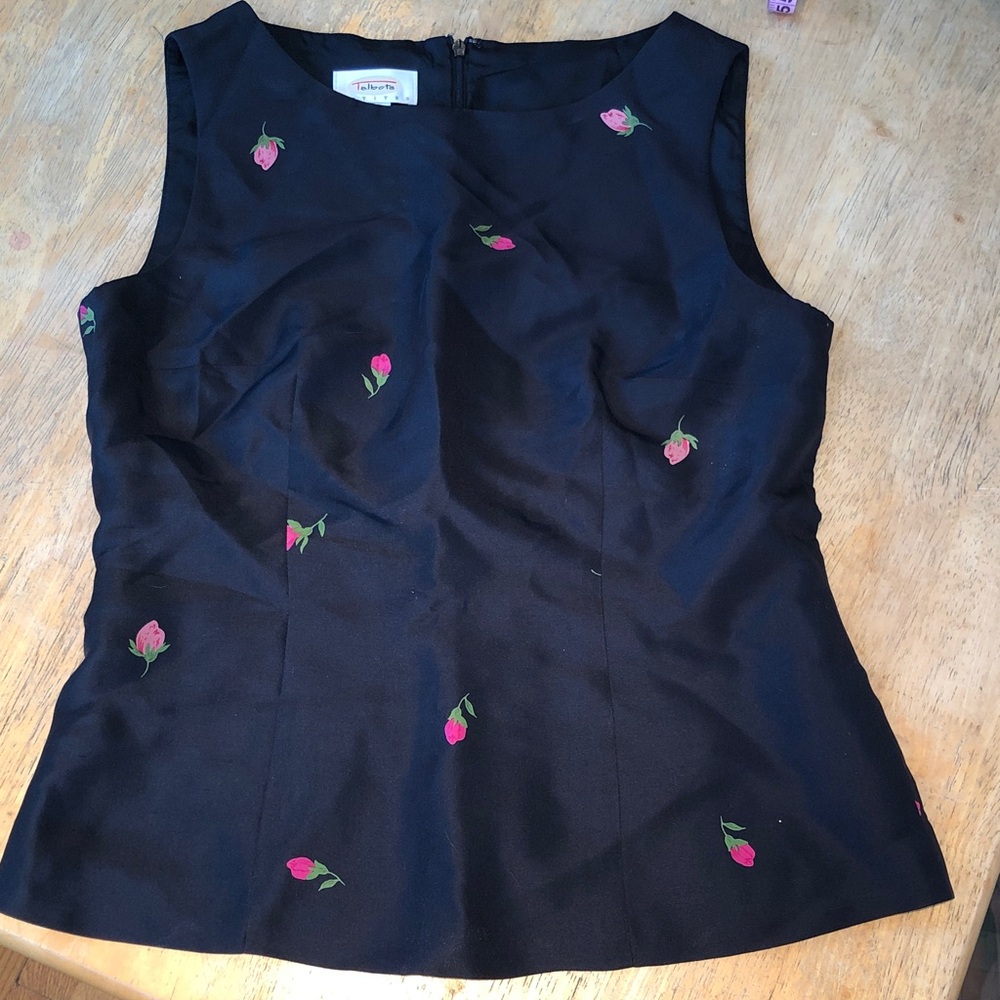 Talbots black with red rose buds silk top